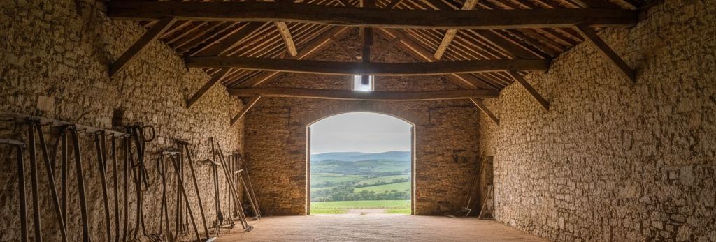 Stone barn interior with timber roof beams, long-handled tools racked along the left wall, and an arched doorway opening onto green hills