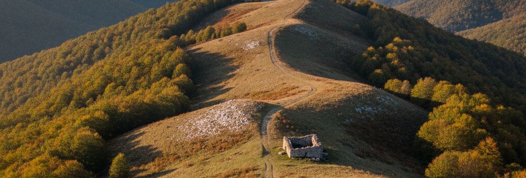 Sunlit grass ridge with a faint track curving past a small roofless dry stone hut, autumn beech woods on the slopes below