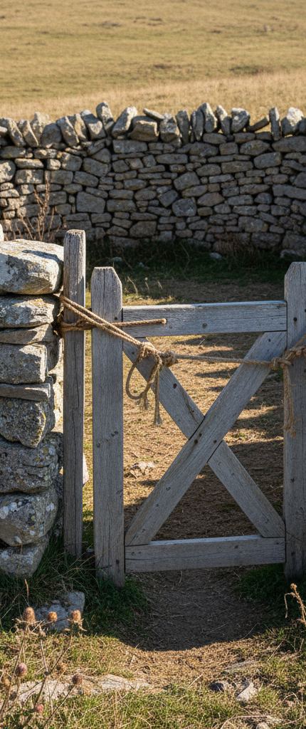 Weathered plank gate with an X brace, tied with rope to a dry stone pillar, low wall and dry pasture behind
