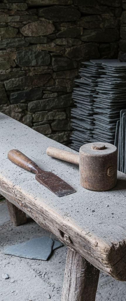 A worn wooden mallet and rusted splitting blade lying on a dust-covered bench, stacked slate tiles and dry stone wall behind