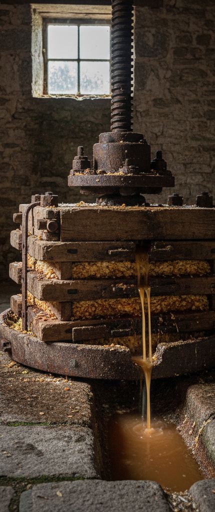 Iron screw press squeezing layered wooden beams and apple pomace, amber juice streaming into a stone floor channel