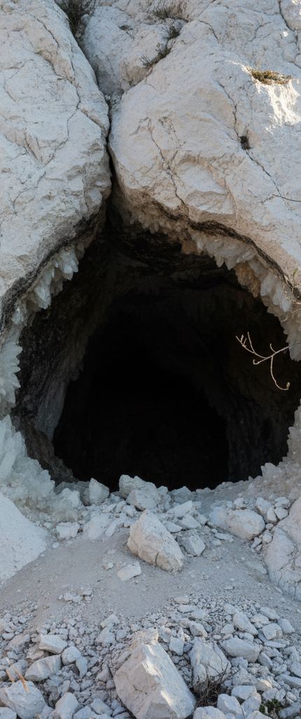 Dark oval cave mouth in pale white rock, jagged spikes fringing its rim, broken stone rubble on the dusty ground below