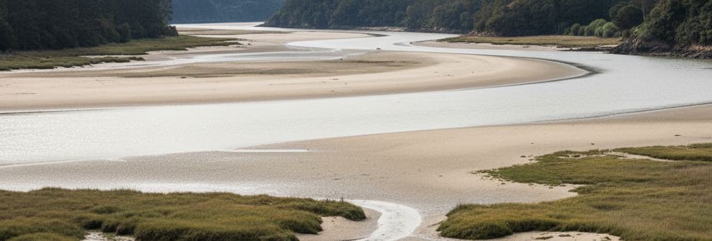Low tide on a wide estuary: pale sand flats, a narrow winding channel, tufted marsh grass, dark wooded hills beyond