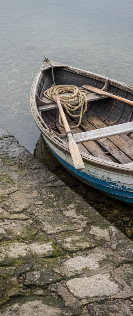 Wooden rowing boat moored at a stone slipway, coiled rope and two oars inside, blue and white hull in shallow water