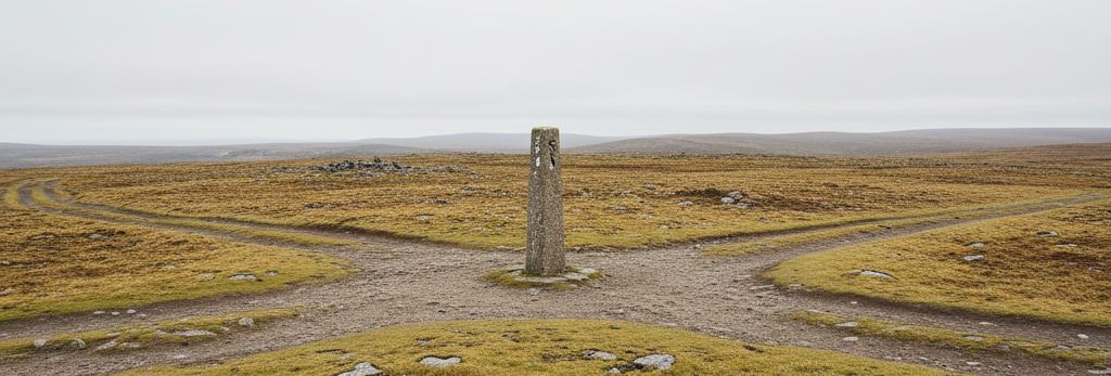 A weathered stone marker pillar standing where two dirt tracks meet on open yellow-brown moorland under flat grey sky