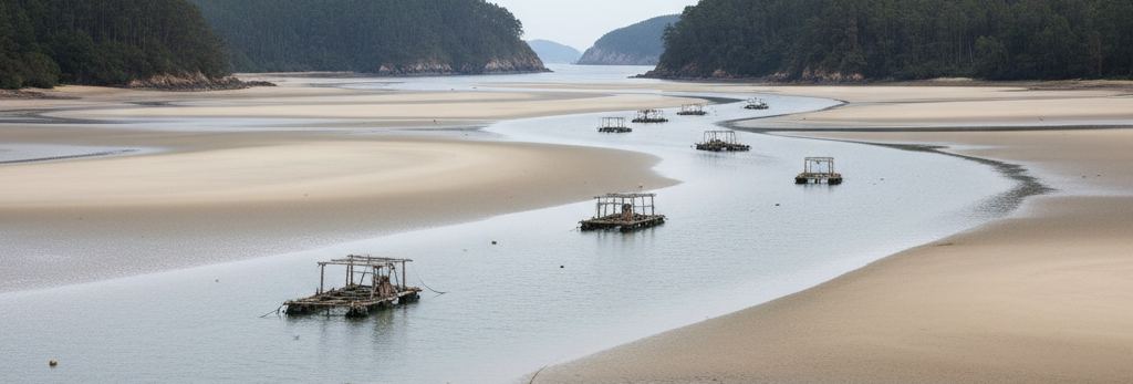 Wooden mussel rafts sitting on a shallow channel that winds through wide pale sand flats at low tide