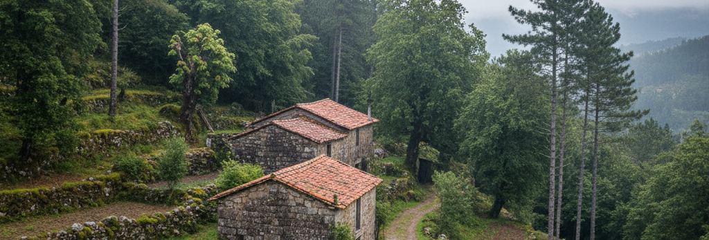 Small stone buildings with orange tiled roofs on a wooded hillside, a dirt track beside them and a hazy valley beyond