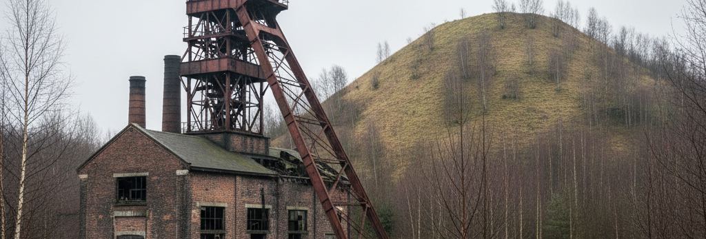 A steel winding tower and rusted diagonal brace above a brick engine house with two chimneys, a grassed conical hill behind