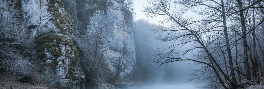 A pale limestone cliff patched with moss rising over a fog-covered river, bare branches arching in from the right