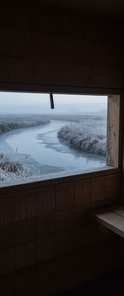 Dark timber hide interior, a wide horizontal slot looking out on a winding river between frost whitened reeds