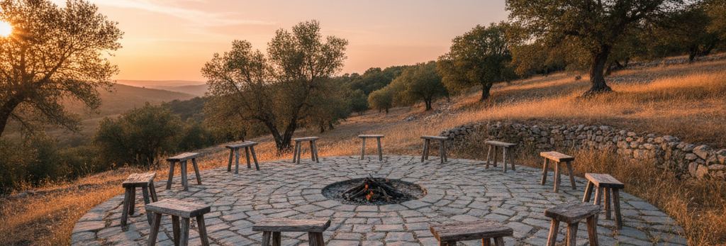 A circular stone terrace ringed with rough wooden stools around a small fire pit, dry stone wall and hillside trees at sunset