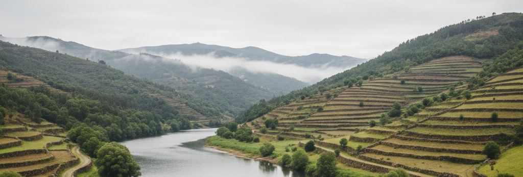 A green river winding between terraced hillsides, wooded slopes and low overcast lying in the valley under a pale sky