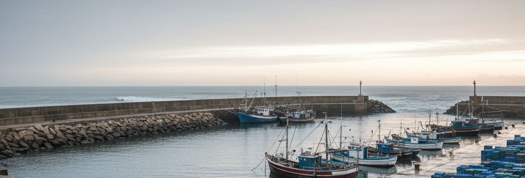 Pale dawn over a fishing harbour: long stone breakwater, moored boats with bare masts, stacked blue crates on the wet quay