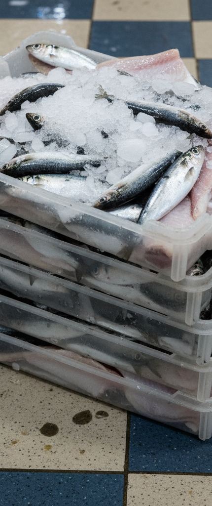 Stacked translucent crates of small silver fish on crushed ice, on a chequered blue and cream tile floor