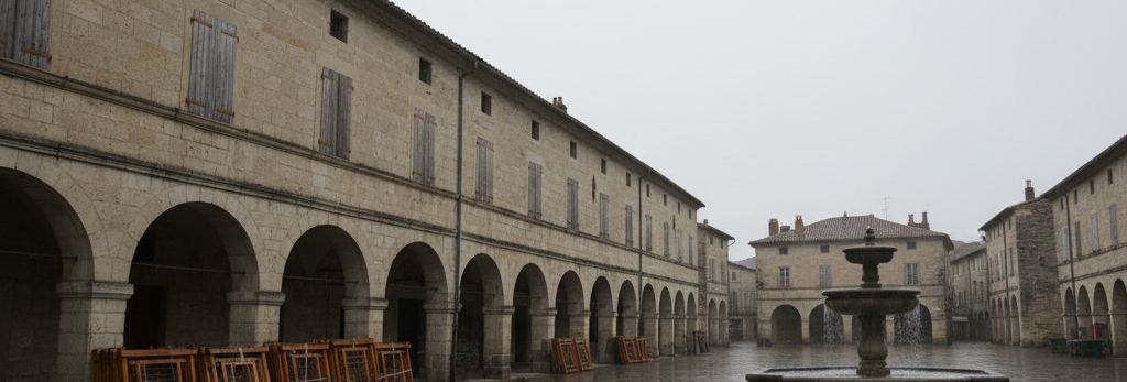 Rain wet town square, long stone arcade with stacked wooden stall frames leaning under it, tiered fountain spilling at right
