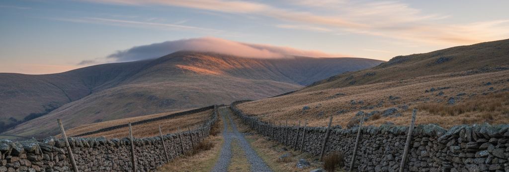 A stony track between dry stone walls climbing through pale moorland grass toward a overcast-capped ridge at dawn
