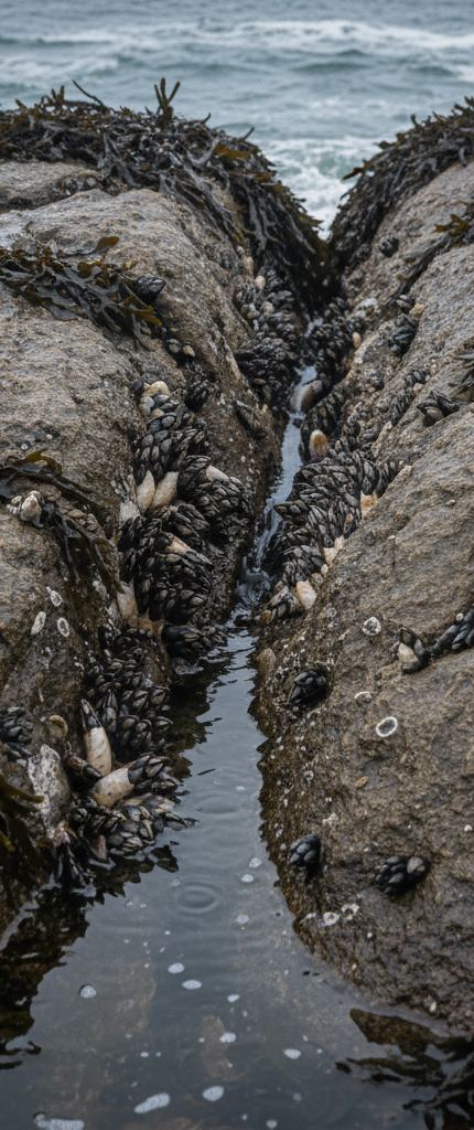 Narrow water-filled cleft between pale grey rock, both walls packed with dark goose barnacles, surf beyond