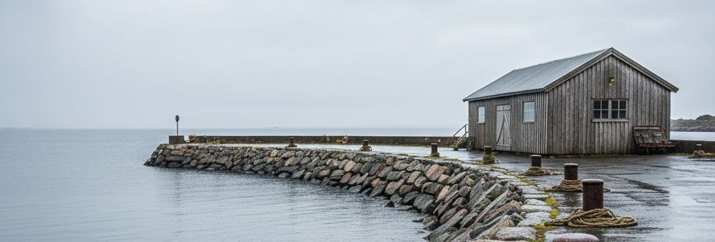 A weathered timber boat shed on a wet concrete quay, rusted bollards looped with rope, boulder breakwater and flat grey sea