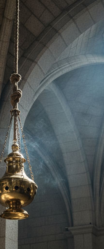 A polished brass censer on a knotted rope and thin chains, pale smoke drifting across stone vault arches