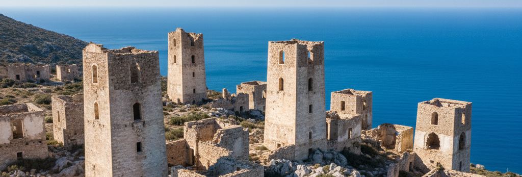 Roofless stone tower houses on a dry hillside, small arched windows, deep blue sea filling the horizon