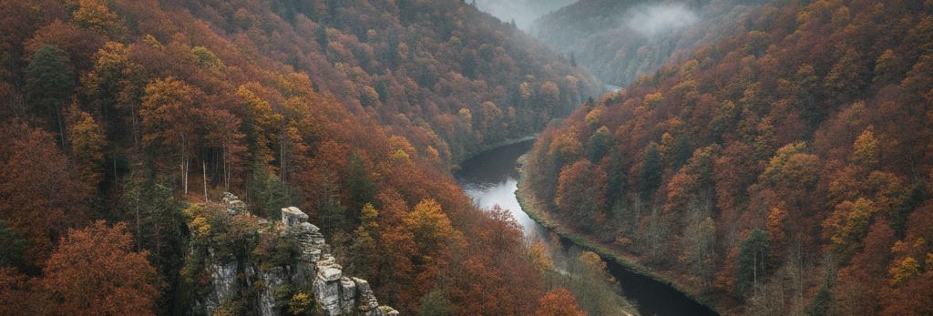 A river bending through a steep autumn valley, rust and orange trees on both slopes, a pale rock outcrop at left, haze on the far ridge